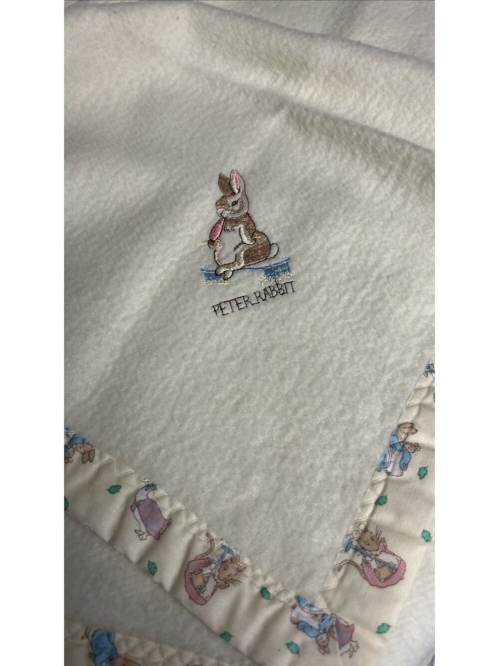Vintage Quiltex Beatrix Potter Peter Rabbit Baby Blanket Cream Patterned Trim